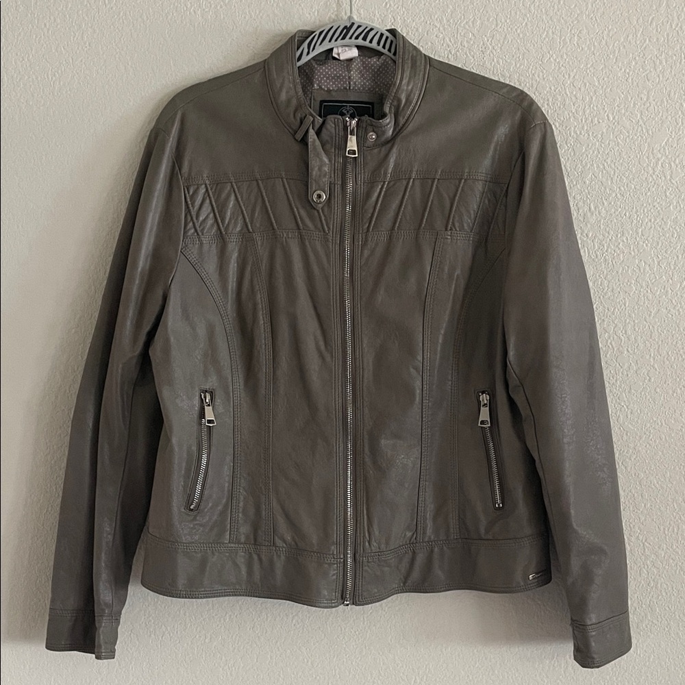 Rino Pelle Women Gray Taupe Faux Leather Moto Jacket Bikercore Outdoor Causal